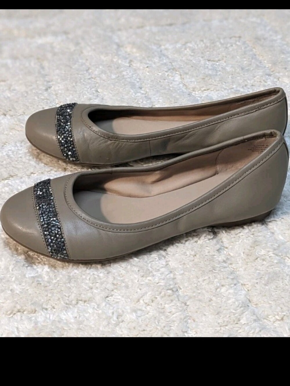 Abella Daphne Taupe Leather Ballet Flats with Glitter Cap Toe